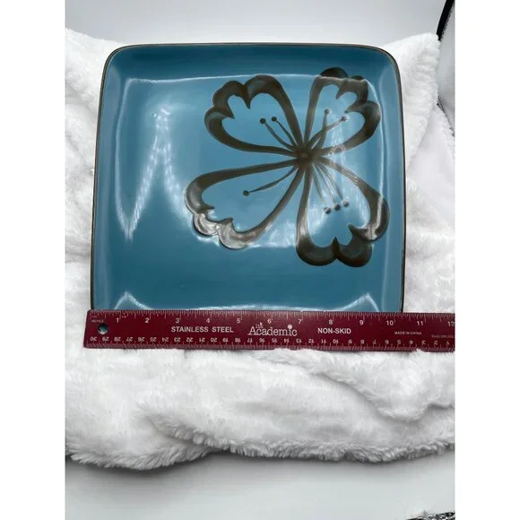 Pier 1 Hibiscus Square Plate Brown Turquois Dinner Discontinued Pattern Set of 4 - Picture 5 of 8